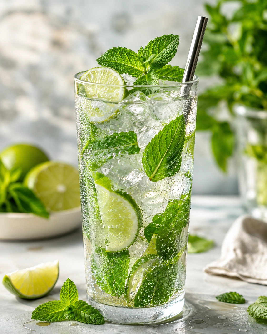 Mojito clásico 1 Vaso alto con bebida refrescante de lima, menta fresca, hielo y boquilla metálica reutilizable.