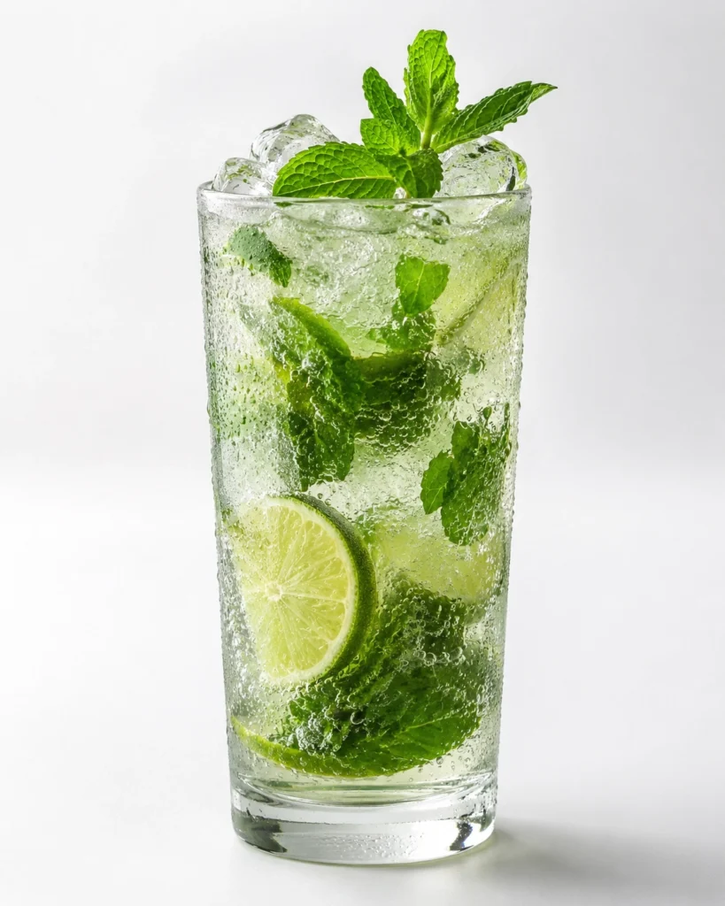 Mojito clásico 5 Mojito servido en vaso transparente con hielo, rodaja de lima, hojas de menta y burbujas.