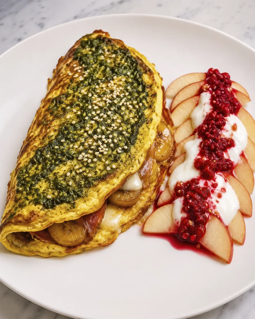 Omelette de plátano maduro servido con pesto, semillas de sésamo, manzana laminada, yogur y frambuesas.