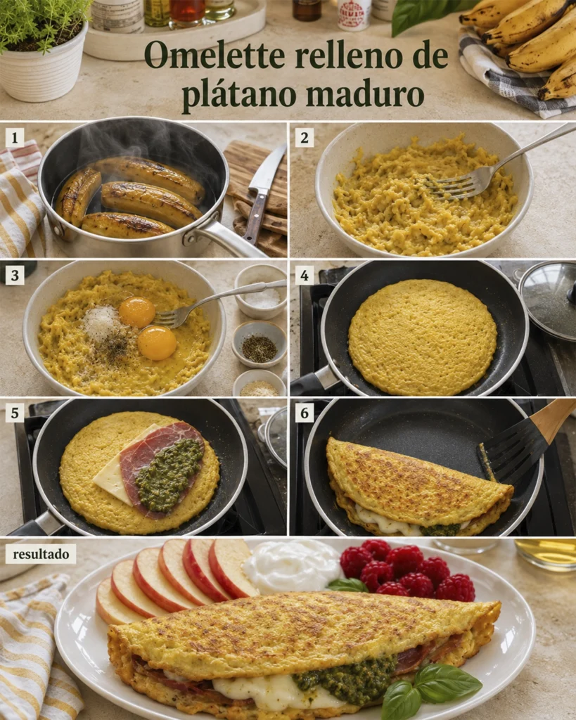 Paso a paso del omelette relleno de plátano maduro, desde la cocción del plátano hasta el resultado final servido.