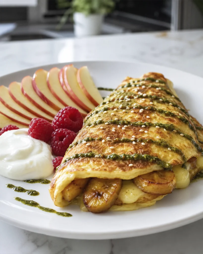 Omelette relleno con plátano maduro caramelizado, queso fundido, pesto, manzana y frambuesas
