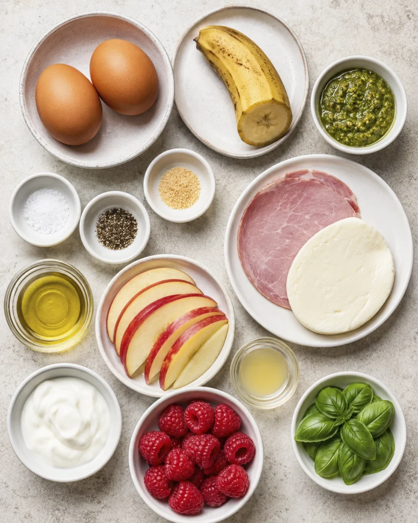 Ingredientes para preparar omelette relleno con plátano maduro, huevos, queso, pesto, manzana, yogur y frambuesas.
