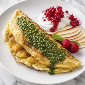 Omelette casero con plátano maduro caramelizado, queso fundido, pesto, manzana, frambuesas y yogur natural.