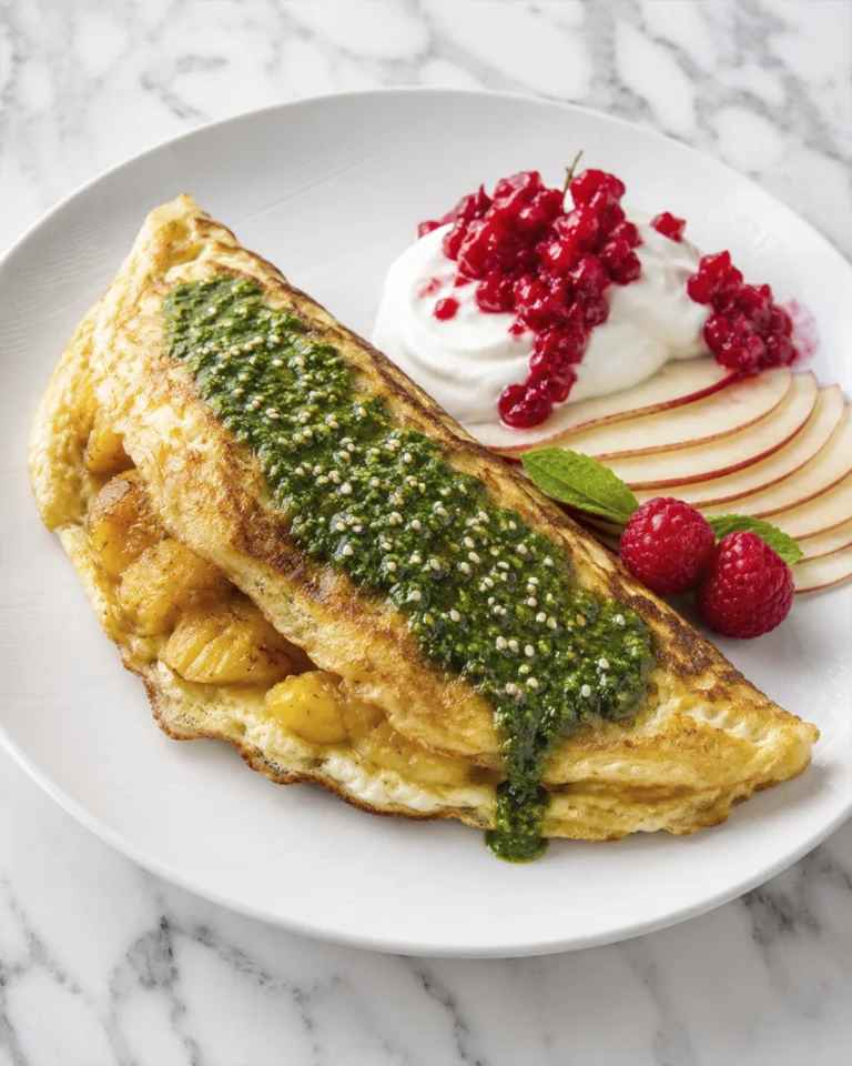 Omelette casero con plátano maduro caramelizado, queso fundido, pesto, manzana, frambuesas y yogur natural.