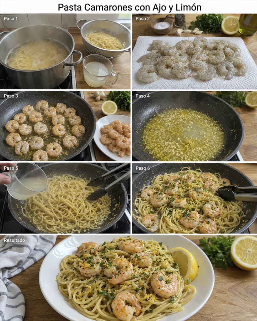 Pasta camarones con ajo y limón 4 Pasta camarones paso a paso con cocción de spaghetti, camarones salteados, salsa de ajo y limón, y plato final.