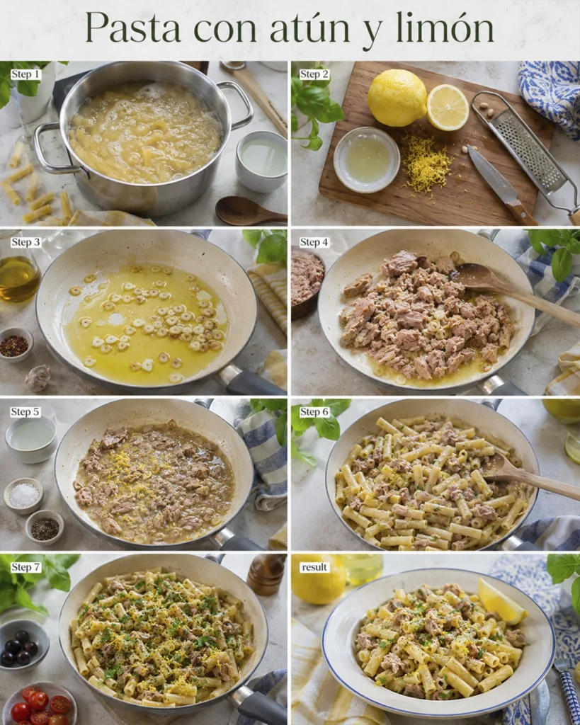 Pasta con atún y limón 4 Paso a paso para preparar Pasta con atún y limón con pasta corta, atún, ajo, aceite de oliva y ralladura fresca.