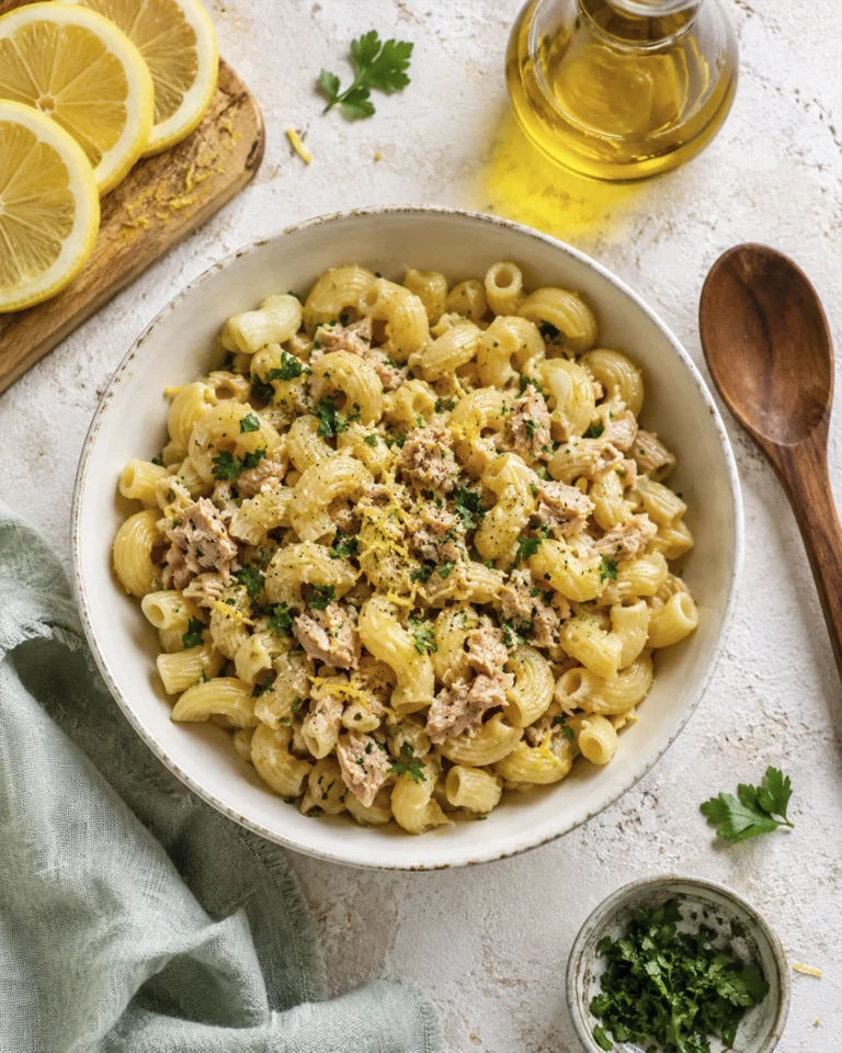 Pasta con atún y limón preparada con pasta corta, perejil fresco, ralladura de limón y aceite de oliva.