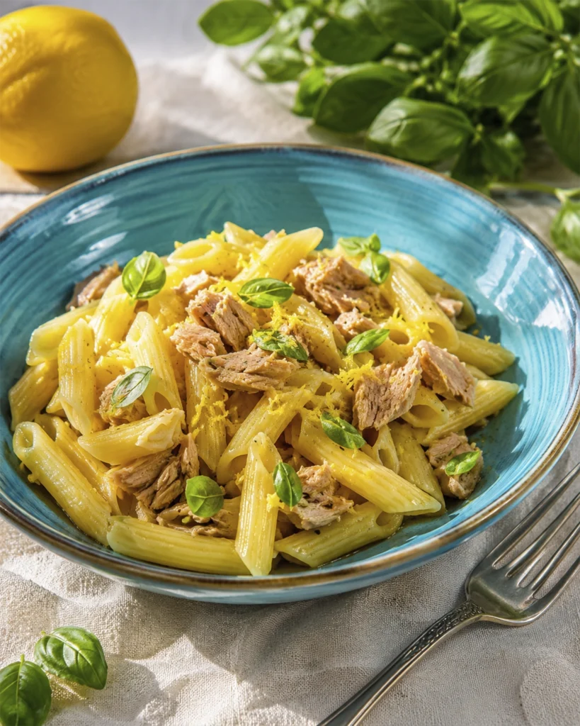 Pasta con atún y limón 6 Pasta con atún y limón en cuenco azul con penne, atún en trozos, albahaca fresca y tenedor al lado.