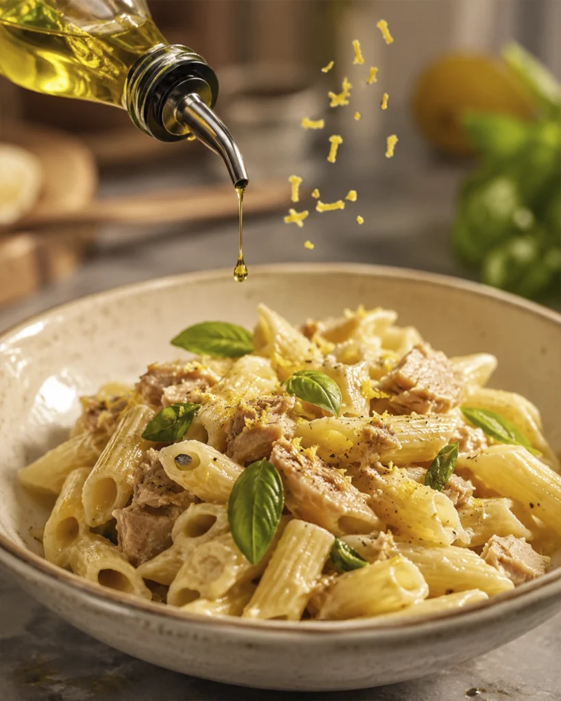 Pasta con atún y limón 5 Pasta con atún y limón con aceite de oliva cayendo sobre pasta corta, atún, albahaca y ralladura cítrica.