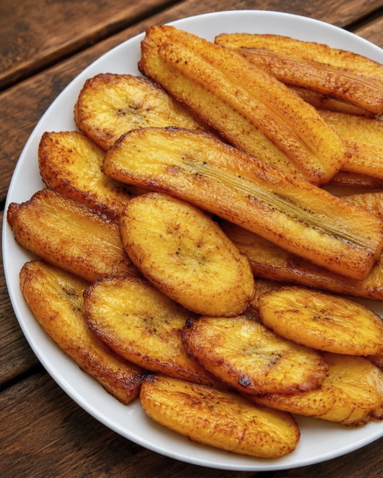 Plátanos maduros fritos dorados y caramelizados servidos en un plato blanco sobre una mesa de madera.