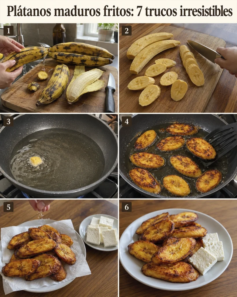 Plátanos maduros fritos 4 Proceso para pelar, cortar, freír y servir plátano maduro con queso fresco.