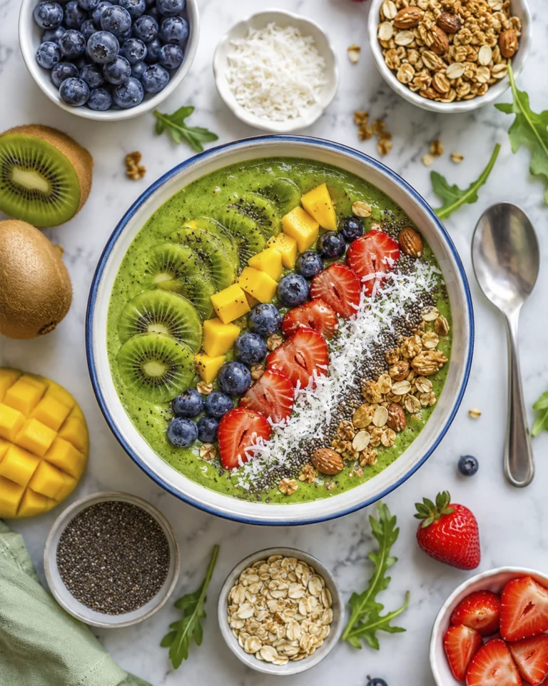 Smoothie bowl de kiwi y avena decorado con kiwi, mango, fresas, arándanos, granola, coco rallado y semillas sobre una superficie de mármol.