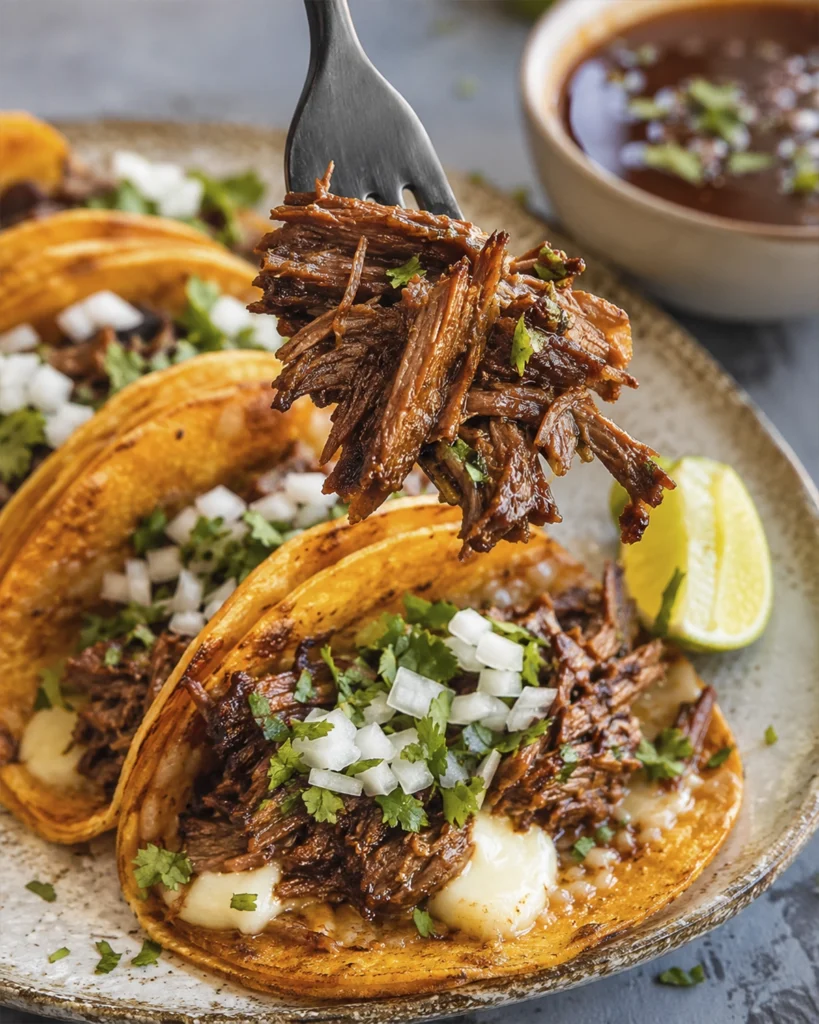 Tacos de birria: 7 trucos para una receta irresistible 2 Tenedor con carne de res deshebrada sobre tacos dorados con cebolla, cilantro y queso fundido