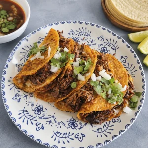 Tacos de birria: 7 trucos para una receta irresistible 7 Plato de tacos dorados rellenos de carne deshebrada con cebolla y cilantro fresco