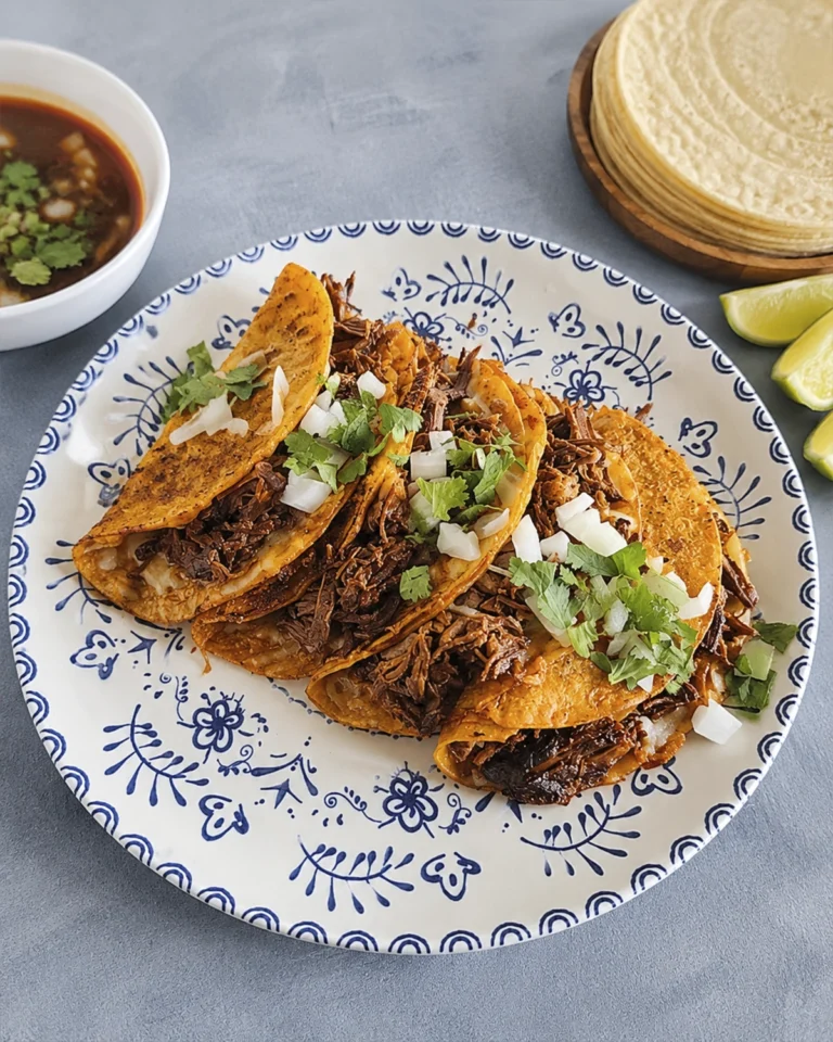 Plato de tacos dorados rellenos de carne deshebrada con cebolla y cilantro fresco