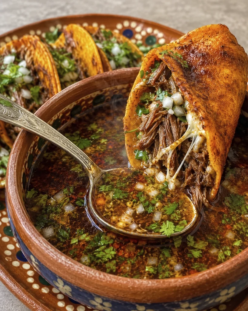 Tacos de birria: 7 trucos para una receta irresistible 5 Taco de carne y queso sobre un cuenco de consomé con cuchara, cebolla y cilantro