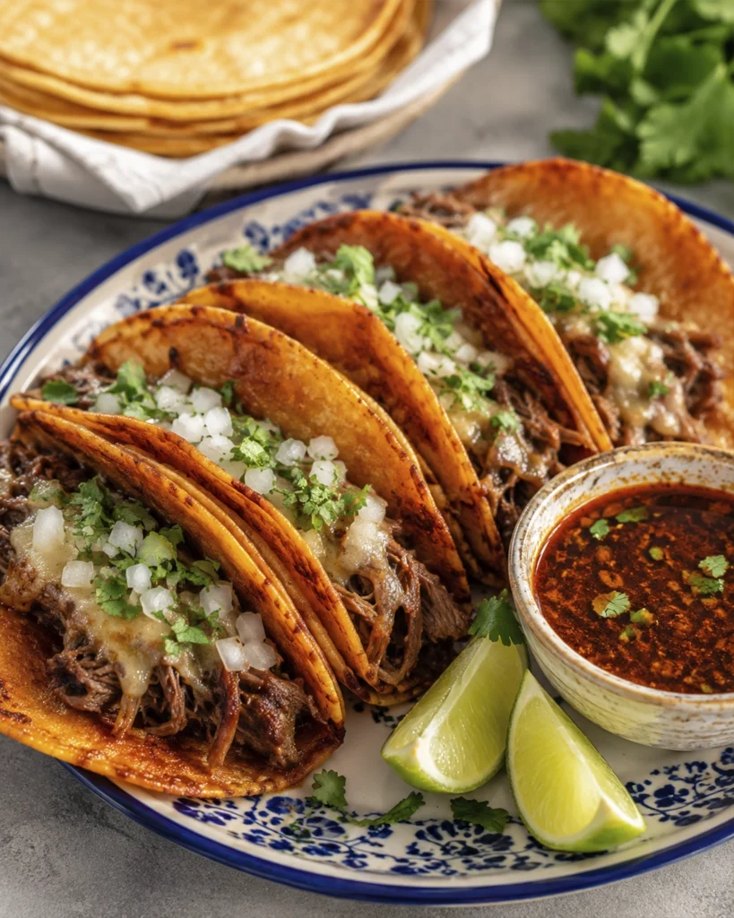 Tacos de birria: 7 trucos para una receta irresistible 6 Cuatro tacos de birria con queso, cebolla y cilantro junto a consomé y gajos de lima