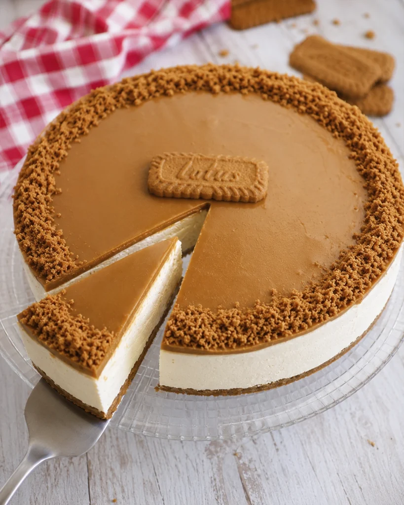 Tarta de queso Lotus sin horno 5 Tarta Lotus cremosa vista desde arriba con una porción cortada y decoración de galleta caramelizada.