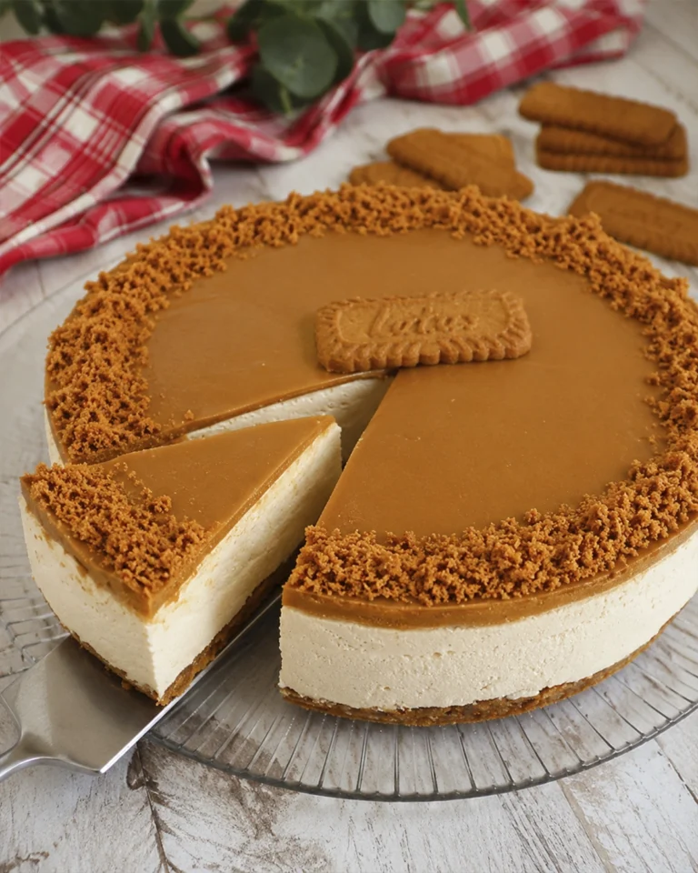 Tarta de queso Lotus sin horno con una porción sobre una pala y borde de galleta triturada.