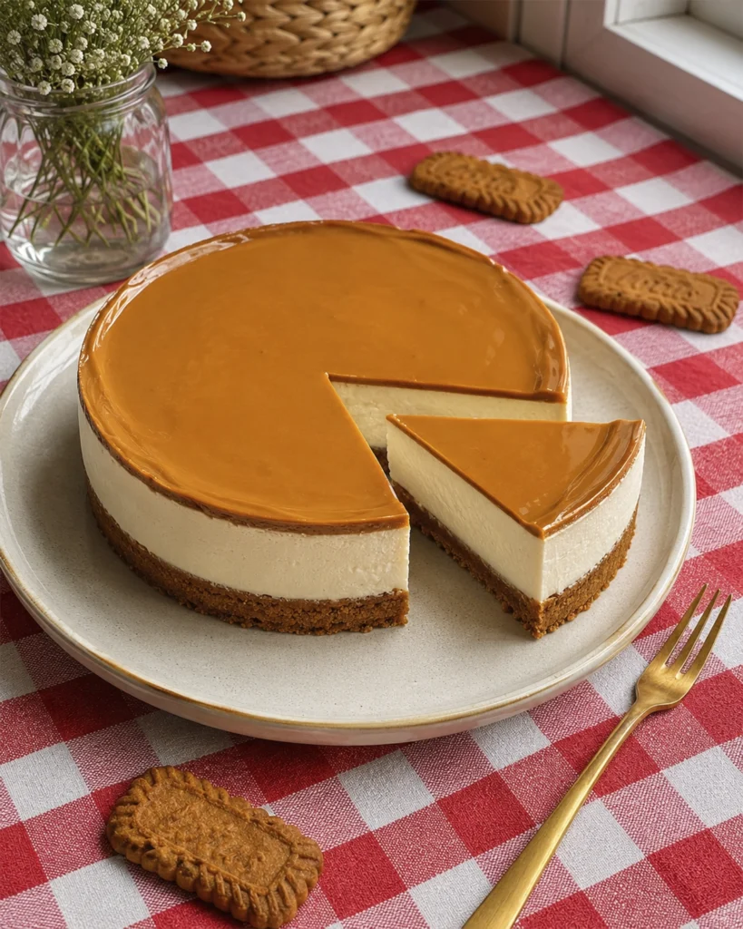 Tarta de queso Lotus sin horno 2 Cheesecake Lotus fría con una porción cortada, cobertura brillante y base crujiente de galletas.