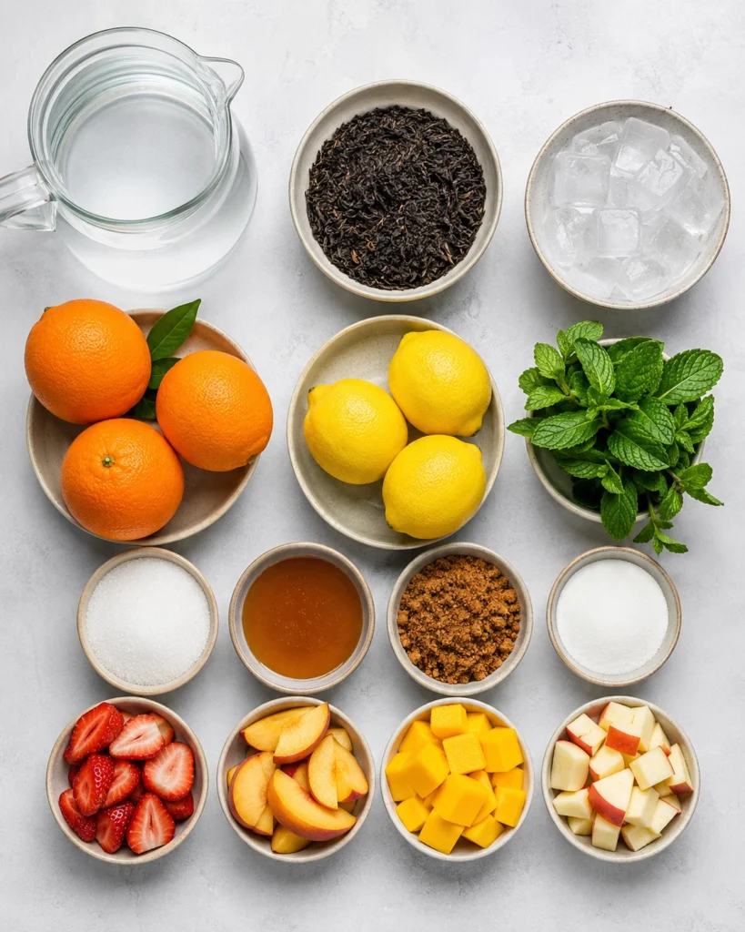 Ingredientes para preparar Té frío con frutas, cítricos, hielo, té negro y menta.