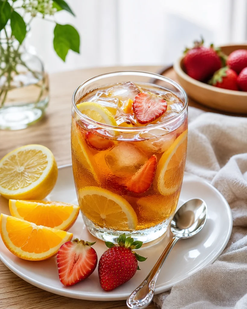Vaso de Té frío con fresas, limón, naranja, hielo y cuchara sobre plato blanco.