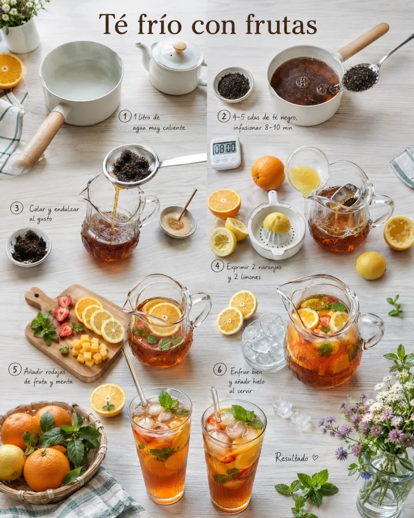 Infografía con pasos para preparar Té frío con frutas, cítricos, hielo y menta.