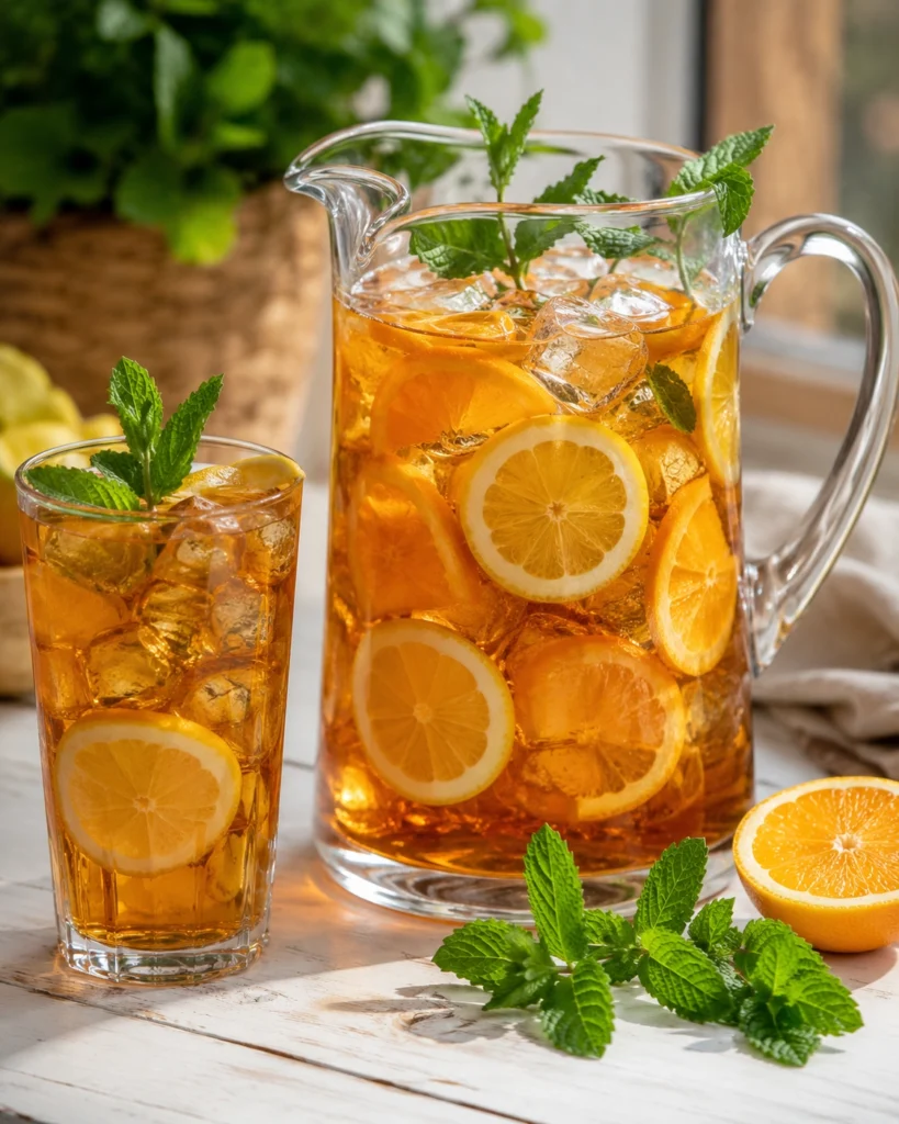 Jarra de Té frío con limón, naranja, hielo y hojas de menta fresca.