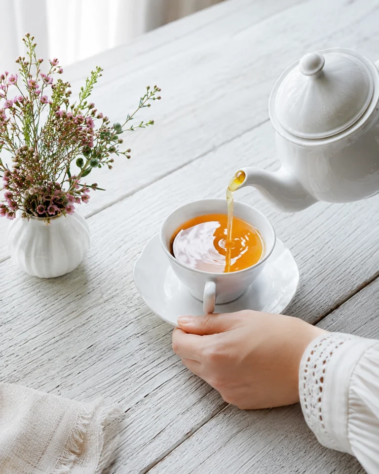 Tetera blanca sirviendo té caliente como base para preparar Té frío casero con frutas.