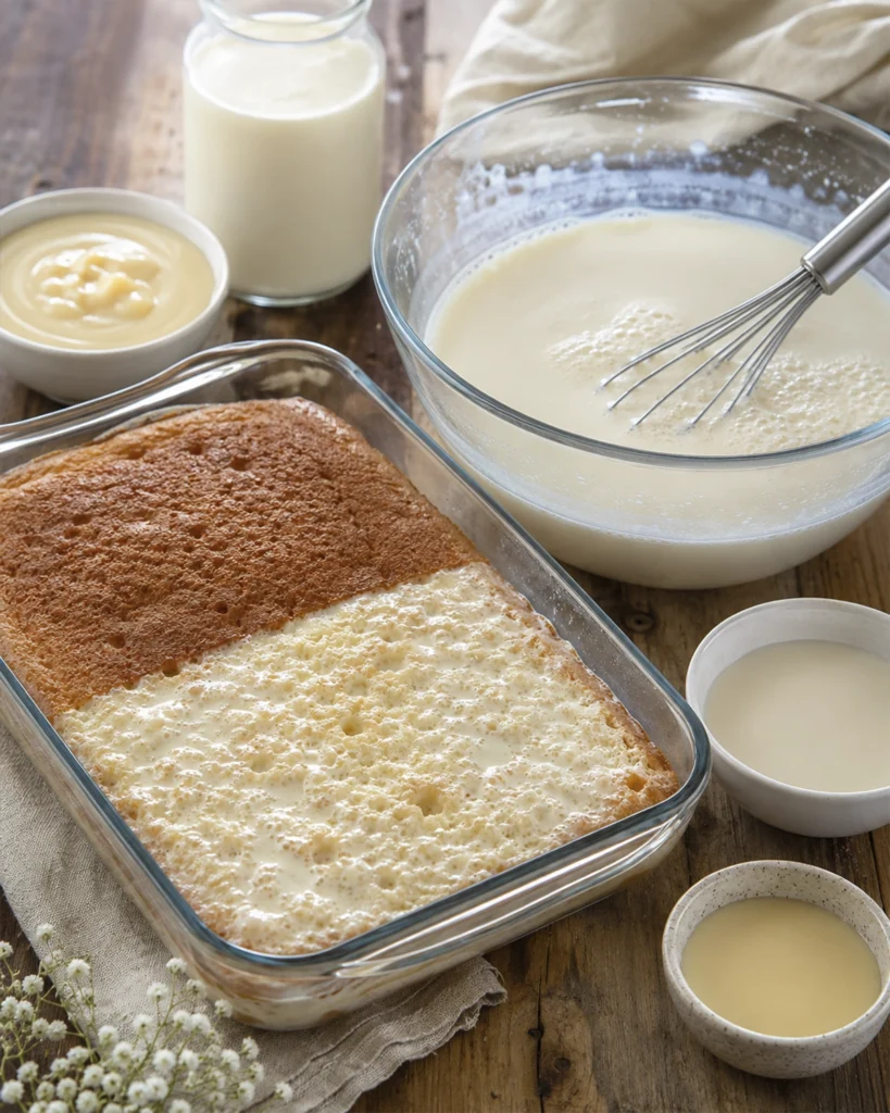 Bizcocho para Torta tres leches absorbiendo mezcla de leches en un molde de vidrio.