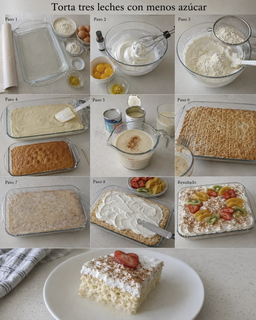 Paso a paso de Torta tres leches con preparación, baño de leches, decoración y porción final servida.