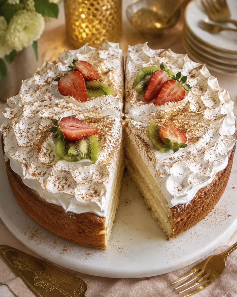 Torta tres leches decorada con crema blanca, fresas, kiwi y canela, cortada en cuatro porciones.