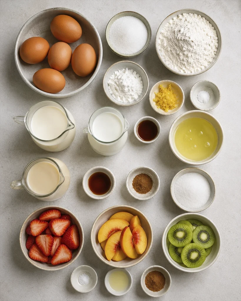Ingredientes para Torta tres leches organizados en cuencos con huevos, harina, leche, frutas y canela.