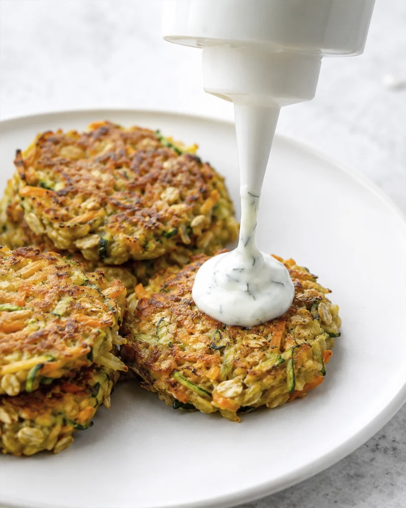 Tortitas De Calabacín: 7 trucos fáciles e irresistibles 5 Salsa de yogur con hierbas cayendo sobre una tortita dorada de calabacín y zanahoria