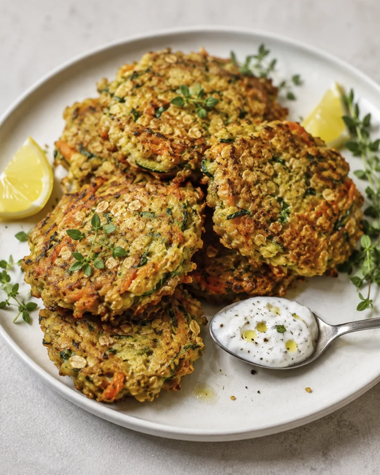 Tortitas vegetales con avena, limón, hierbas frescas y una cuchara de salsa blanca