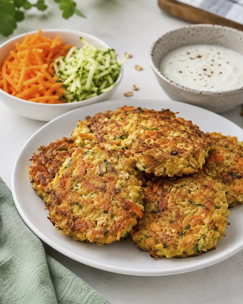 Tortitas De Calabacín: 7 trucos fáciles e irresistibles 6 Tortitas doradas de verduras servidas con zanahoria rallada, calabacín y salsa de yogur