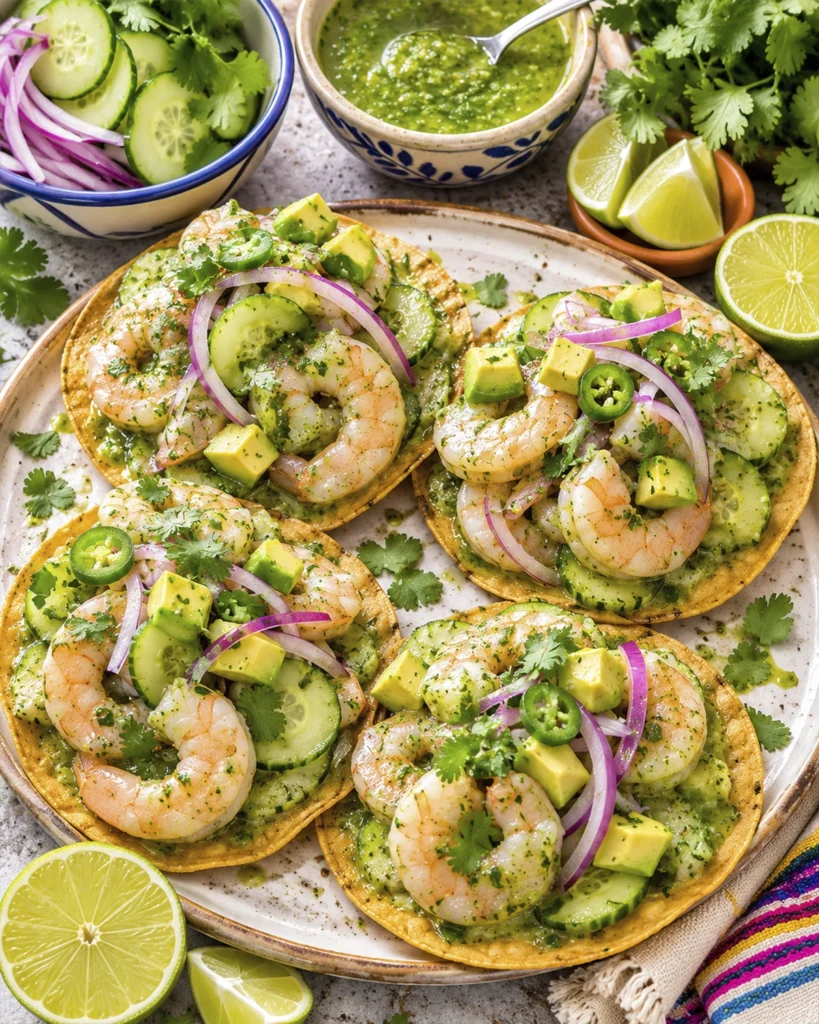 Tostadas con aguachile verde, camarones, aguacate, pepino, cebolla morada, cilantro y limón fresco.