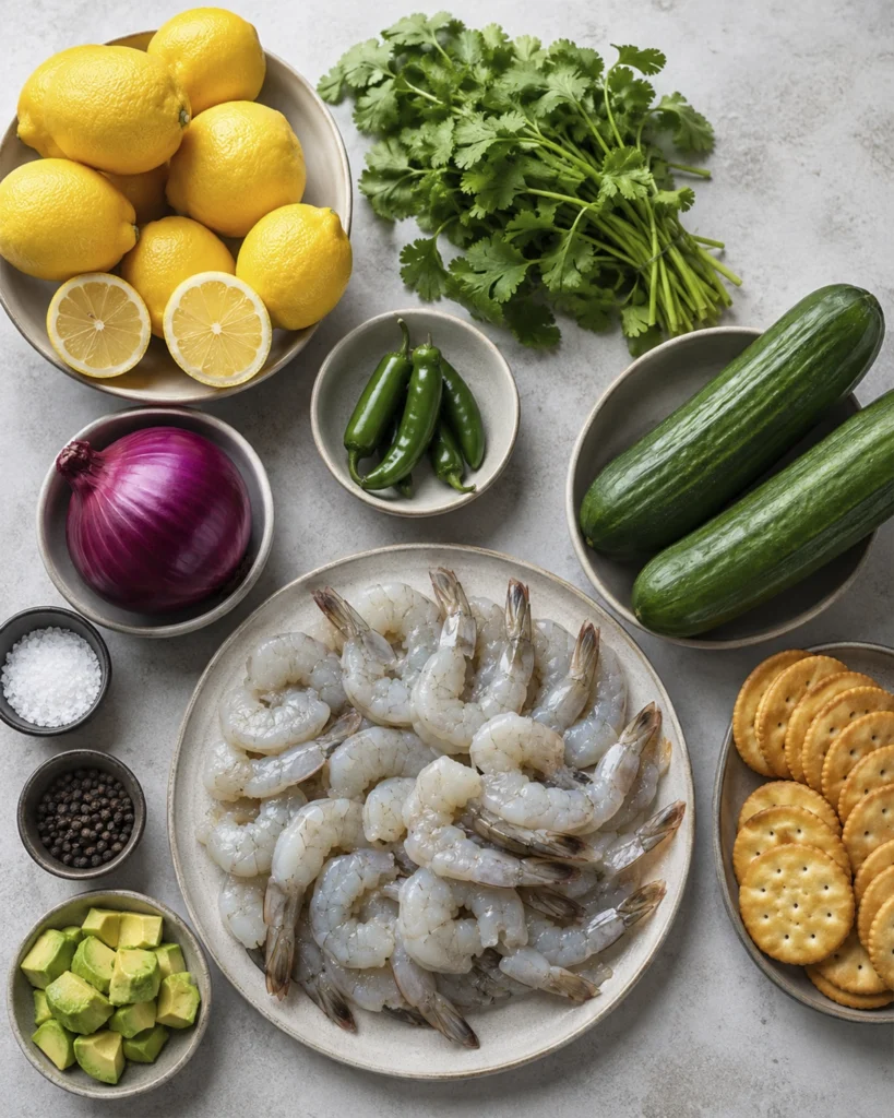 Ingredientes frescos para preparar aguachile verde de camaron con limón, cilantro, pepino, cebolla morada y camarones.