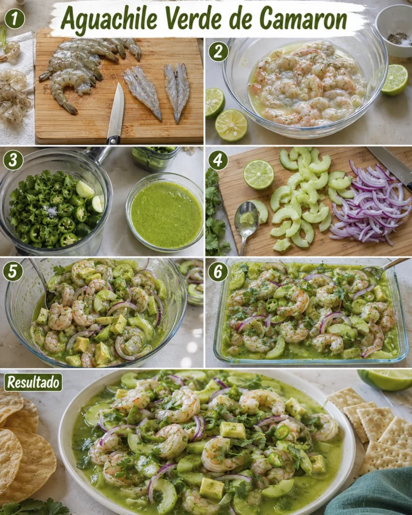 Paso a paso para preparar aguachile verde de camaron con camarones marinados, salsa verde, pepino y resultado final.