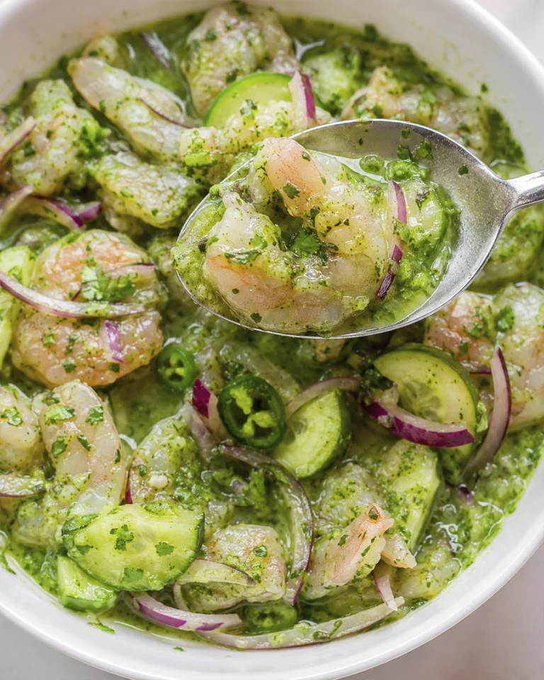 Cuchara con camarón en salsa verde de cilantro, pepino y cebolla morada para una receta de aguachile fresco.