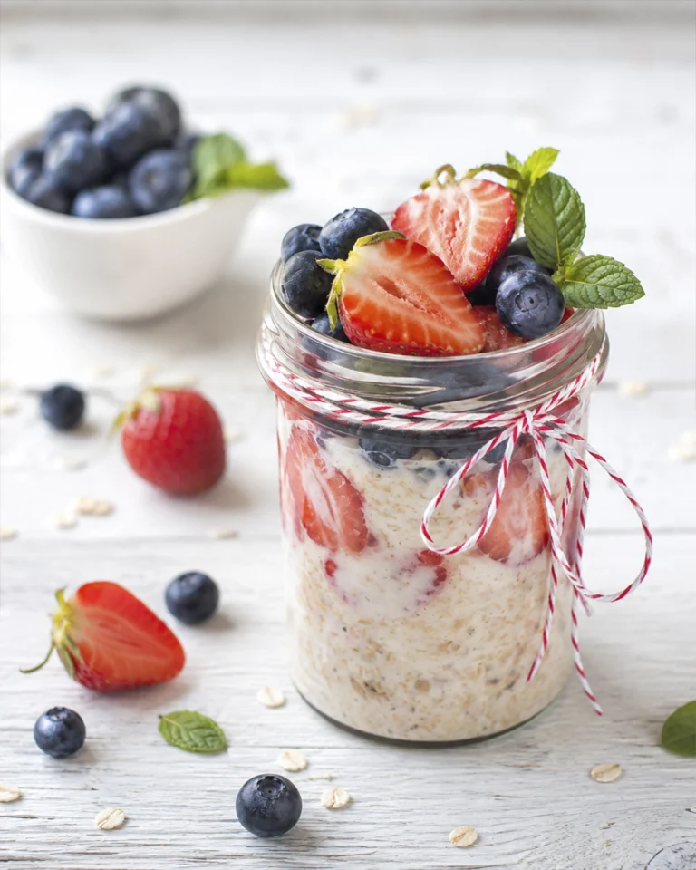 avena trasnochada receta en frasco con fresas, arándanos y menta