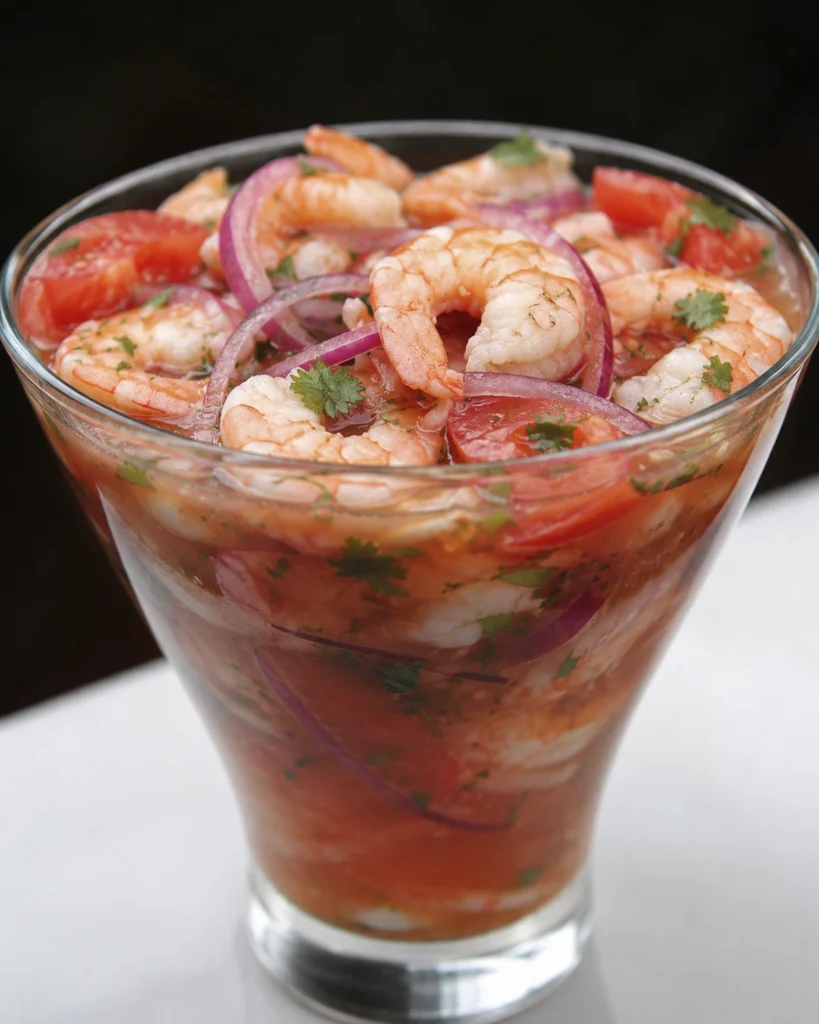 Ceviche de camarones con yuca 2 Ceviche de camarón en copa con tomate, cebolla morada, cilantro y salsa cítrica fresca.