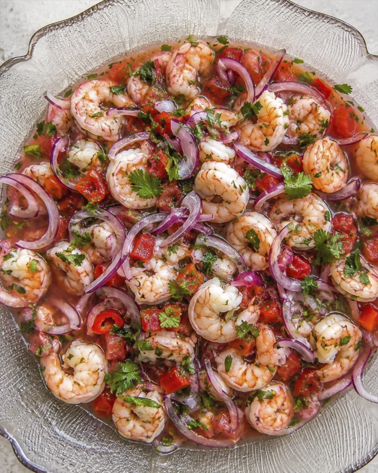 Ceviche de camarones fresco en bol de vidrio con tomate, cebolla morada y cilantro.