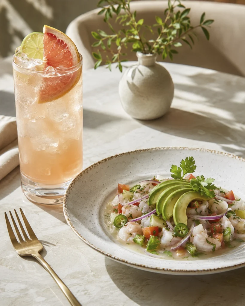 Coctel Paloma con tequila junto a un plato de ceviche de camarones con aguacate y vegetales frescos.