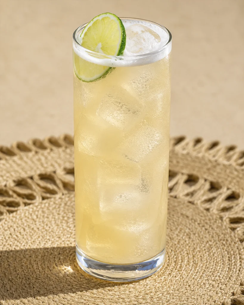 Vaso alto de coctel Paloma con tequila con hielo, burbujas y una rodaja de lima sobre fibras naturales.
