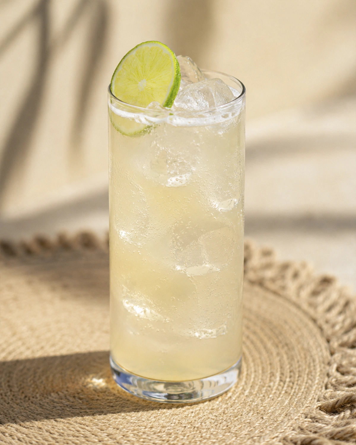 Primer plano de un coctel Paloma con tequila frío con cubos de hielo y lima fresca.