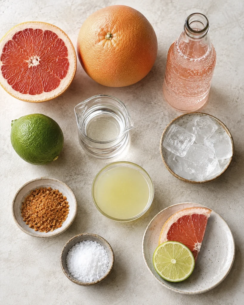 Ingredientes del coctel Paloma con tequila con toronja, lima, refresco, hielo, sal y Tajín.