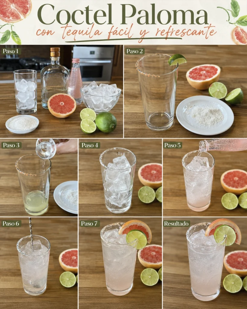 Infografía del coctel Paloma con tequila con ingredientes y siete pasos de preparación en vaso alto.
