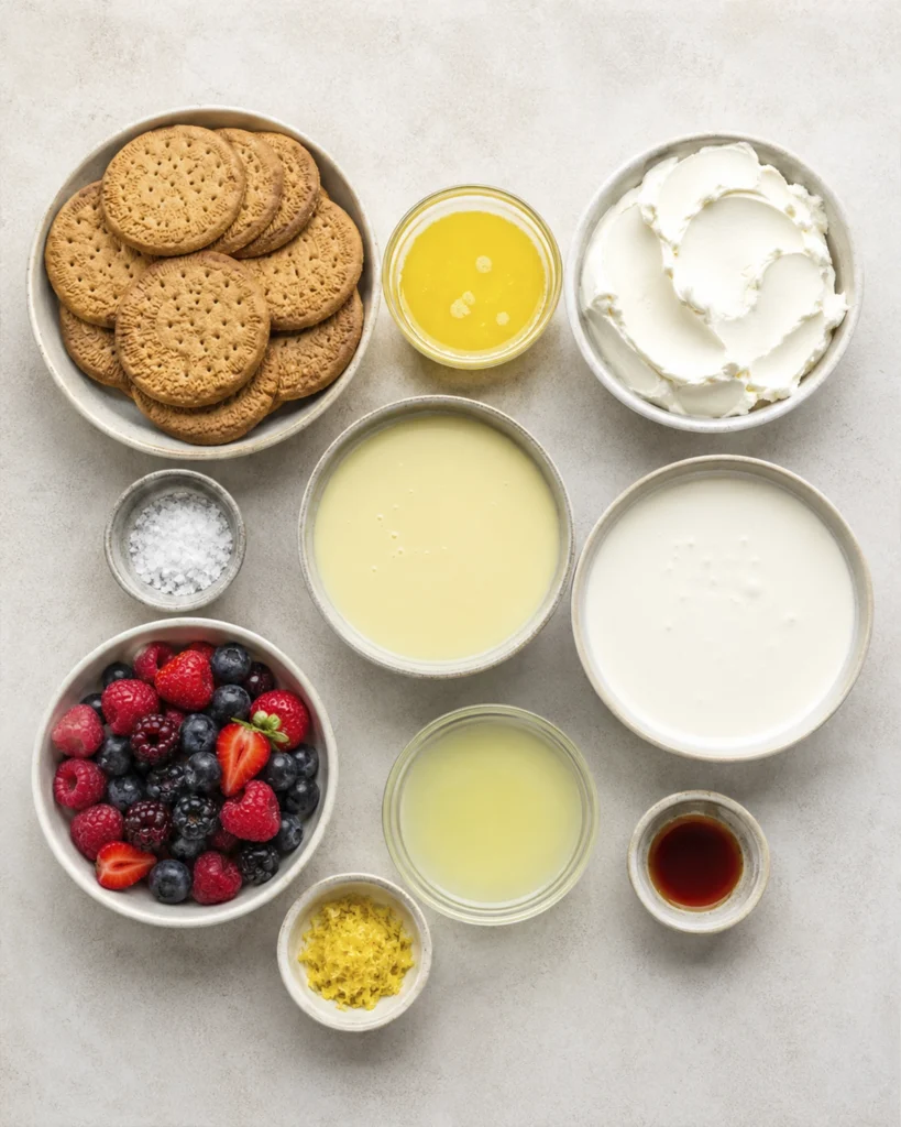 Ingredientes para preparar una tarta de queso fria sin horno, nata, limón y frutos rojos
