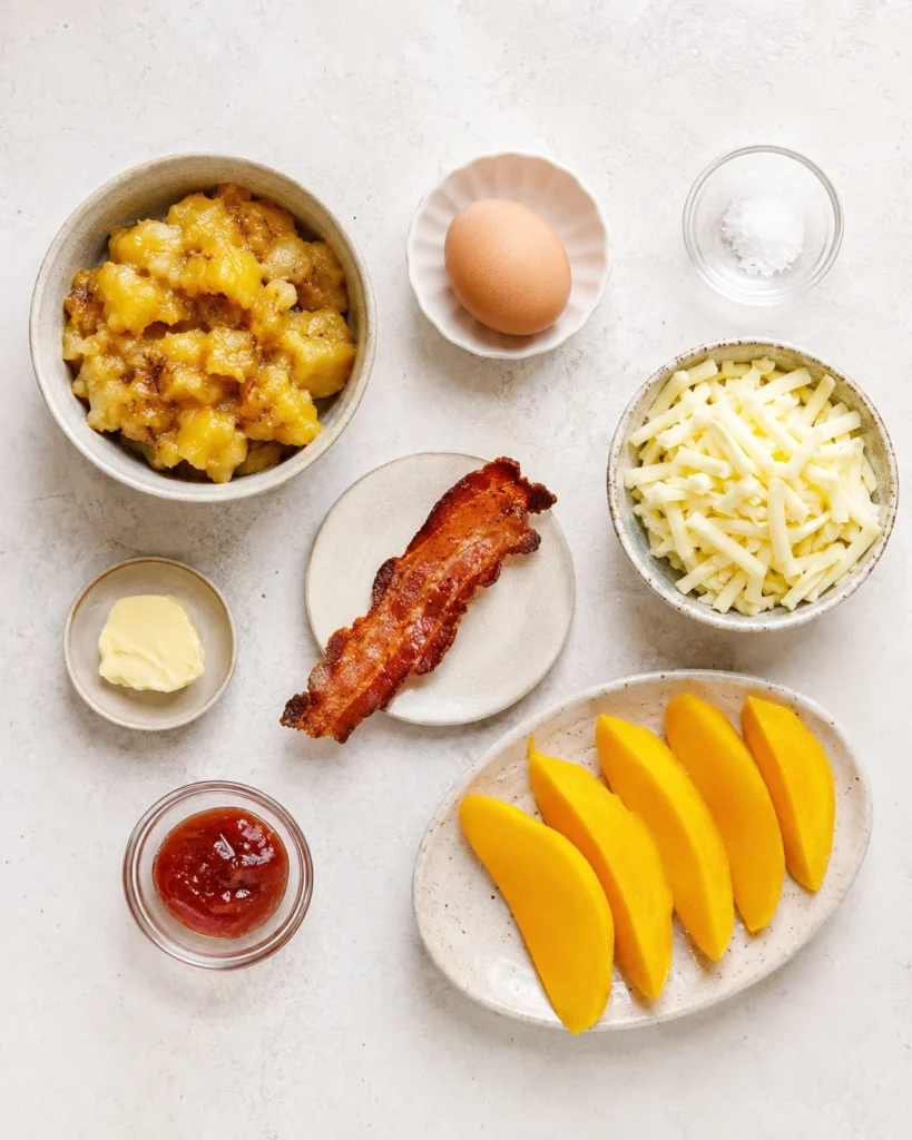 Ingredientes para preparar omelette plátano maduro con huevo, queso, mango, mantequilla y mermelada.